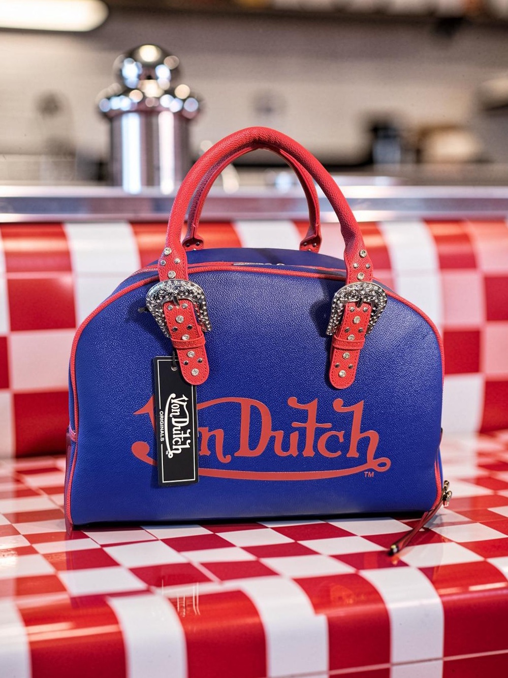Von Dutch Originals NWT Weekender Red & Blue & Crystal Buckle Duffle Bag (P226)
